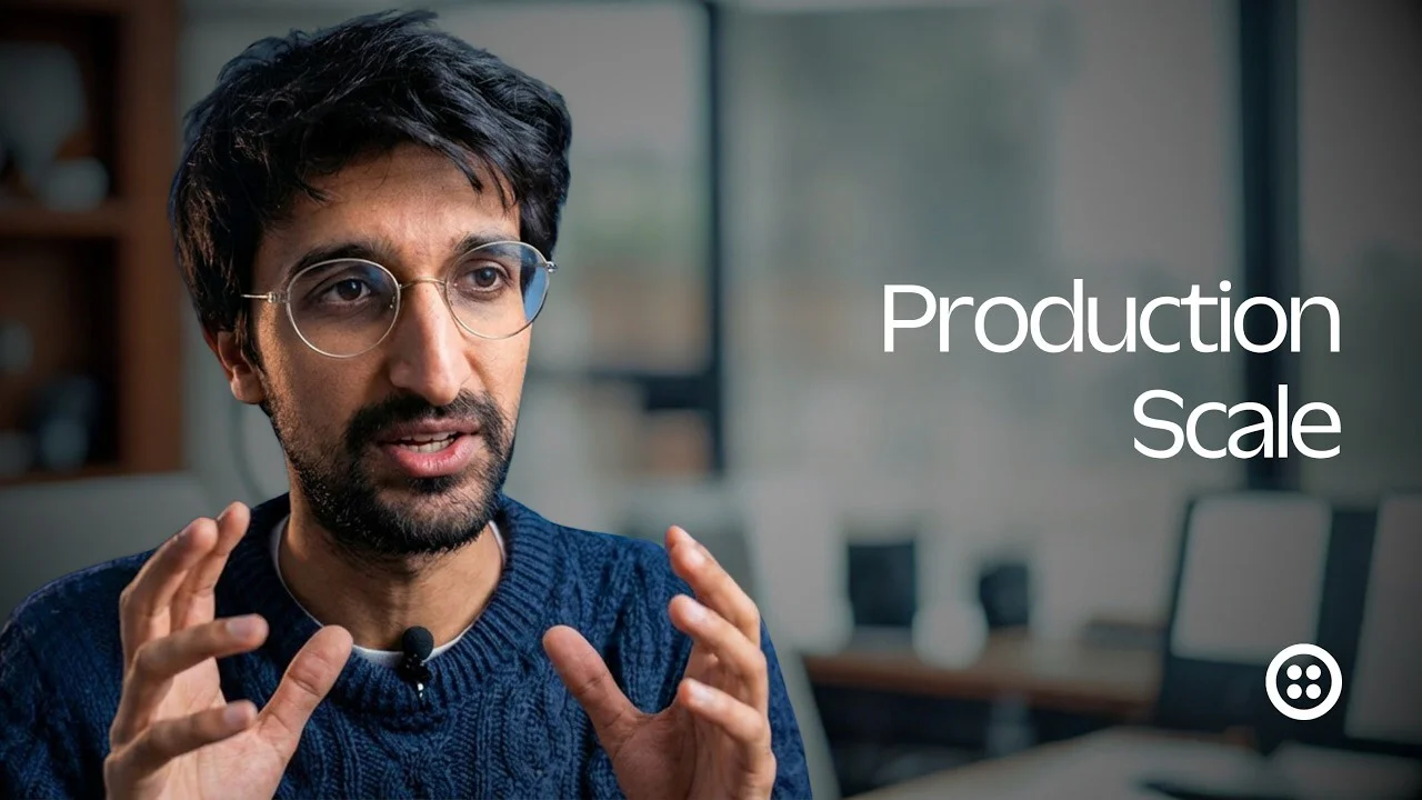Man with glasses and beard gestures with hands while discussing production scale, text beside him.