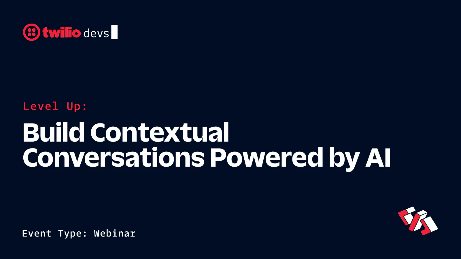 Dark blue webinar promotion image by Twilio Devs on AI-powered contextual conversations.