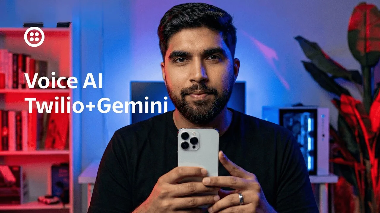Man holding a smartphone with text that reads Voice AI Twilio + Gemini in the background.