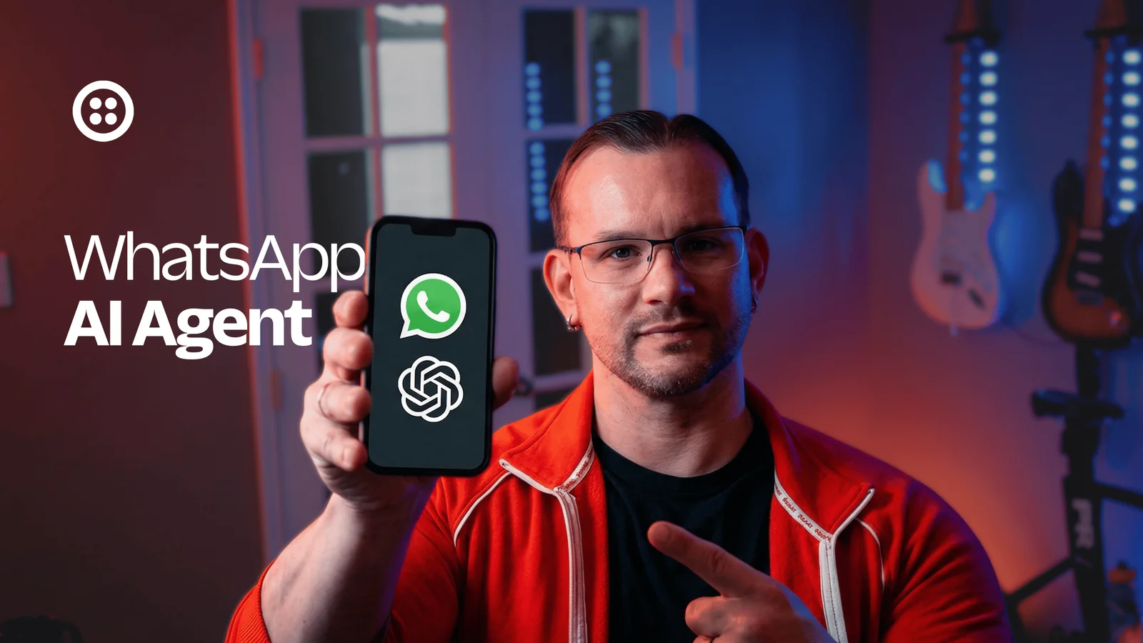 Man showing a phone screen with WhatsApp and OpenAI logos, promoting AI technology.