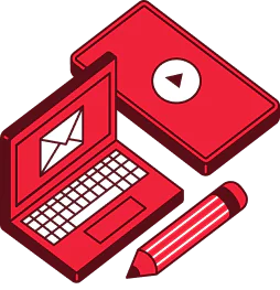 Isometric illustration of a laptop with an envelope on the screen, a smartphone, and a pencil.