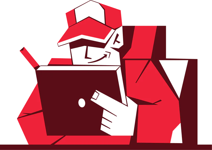 Illustration of a worker in red and white attire smiling while reading a book.