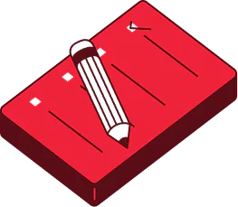 Illustration of a red notebook with a pencil resting on top.