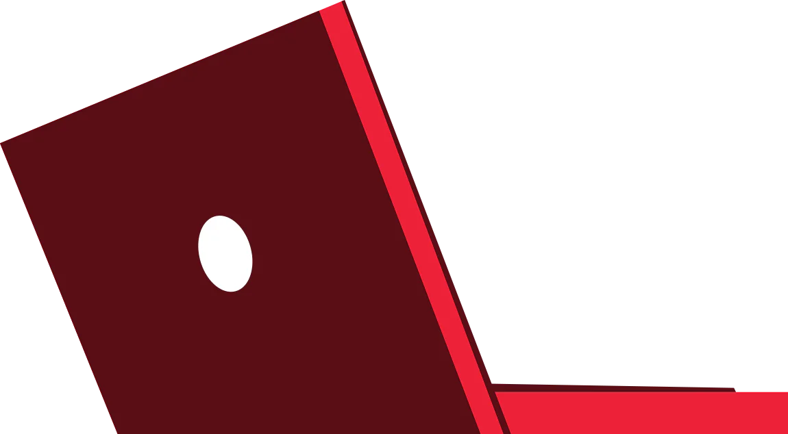 Simplistic drawing of a red laptop with a white circle on the back.