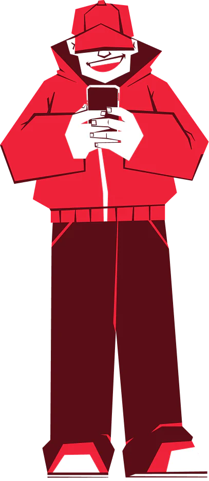 Cartoon character dressed in red jacket and cap, holding a smartphone with both hands.