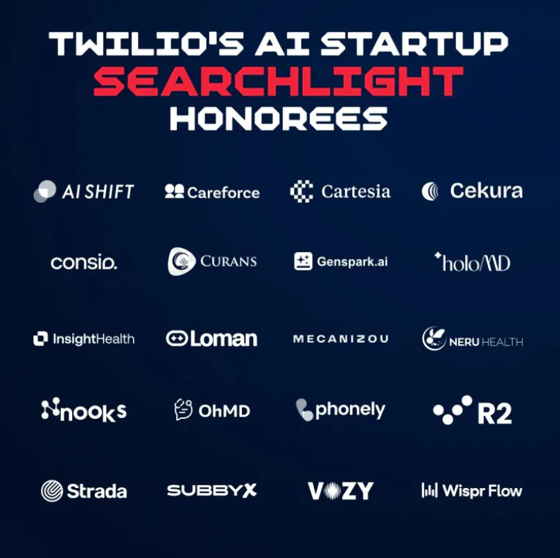 List of AI startups honored by Twilio's Searchlight program.