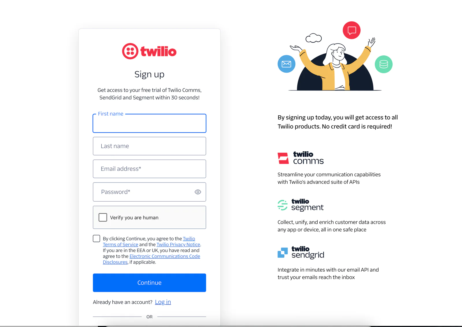 Twilio Console sign up page Twilio Console sign up page