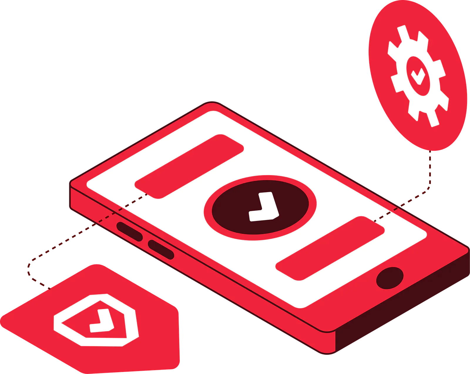 Isometric image of a red mobile phone displaying a checkmark app interface and settings icon with a checkmark.
