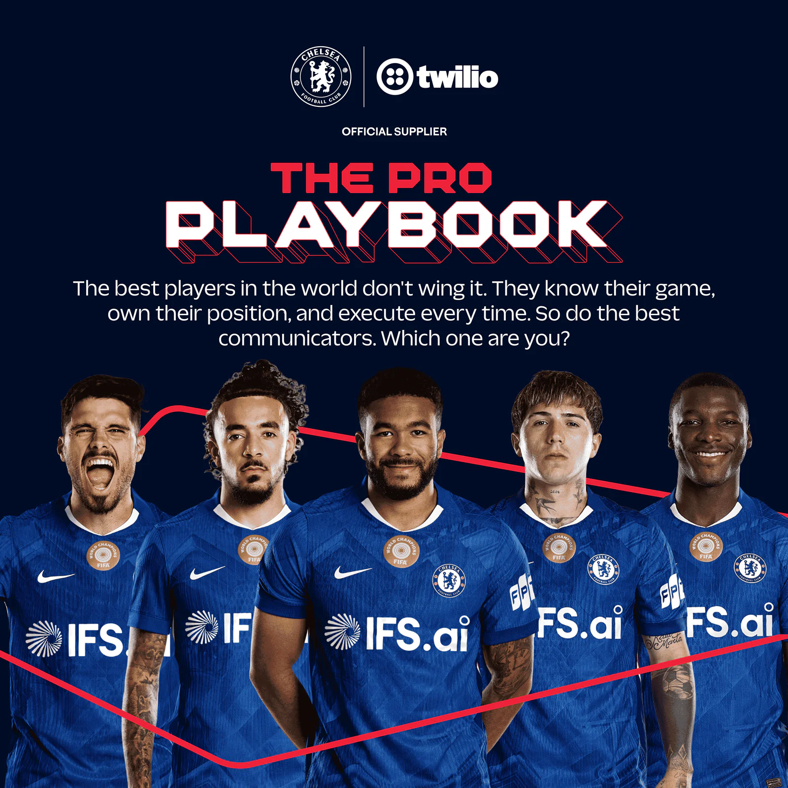 Chelsea FC players in blue jerseys in front of The Pro Playbook by Twilio banner.