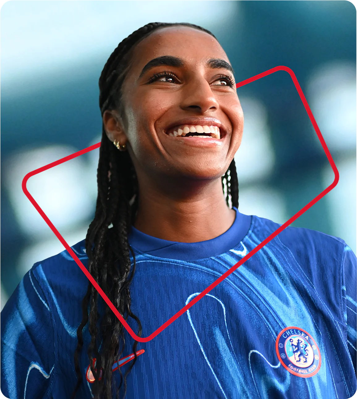 **Smiling person in blue Chelsea football jersey with braided hair and a red square overlay**