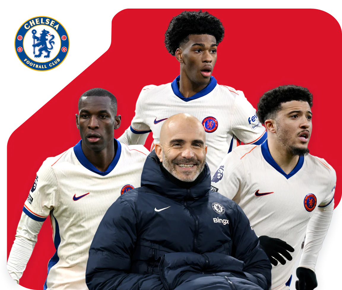 Chelsea FC football manager smiling with three Chelsea players in uniform on a red and white background.