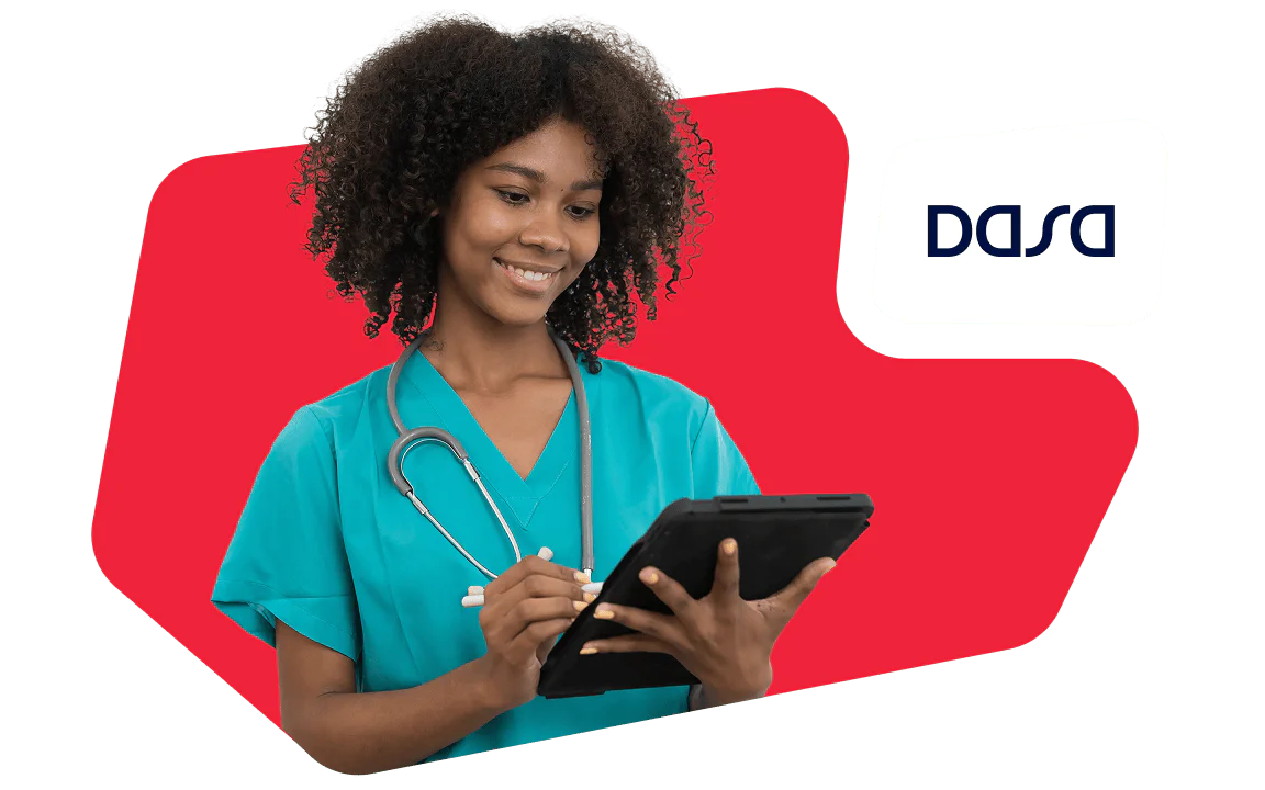 Female nurse in teal scrubs using a tablet with a stethoscope around her neck.