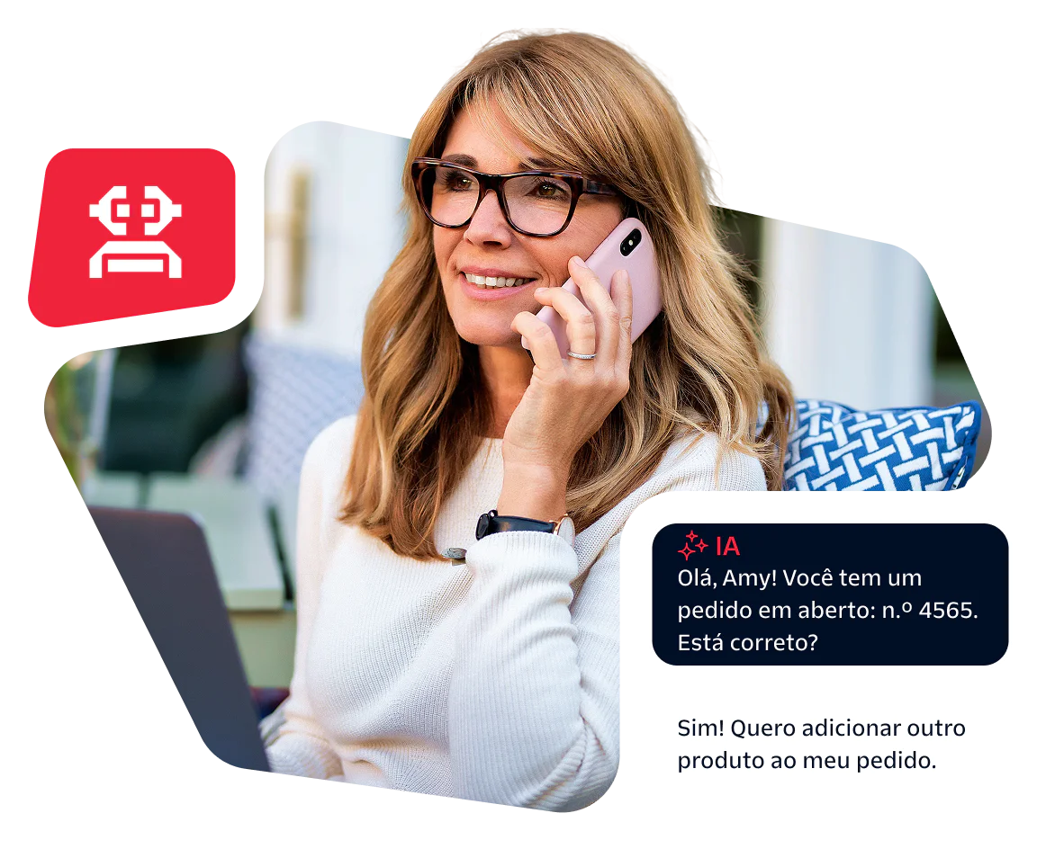 Woman on phone call smiles while receiving a message from an AI chatbot about her existing order.