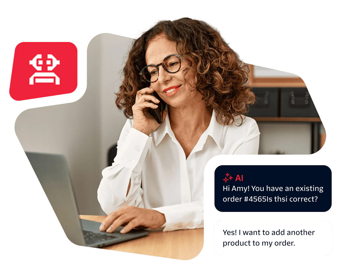 Woman talking on phone while using laptop with AI chatbot on screen discussing order modification.