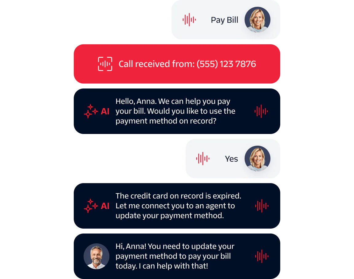 Chat interface showing a conversation about updating payment details for a bill payment.