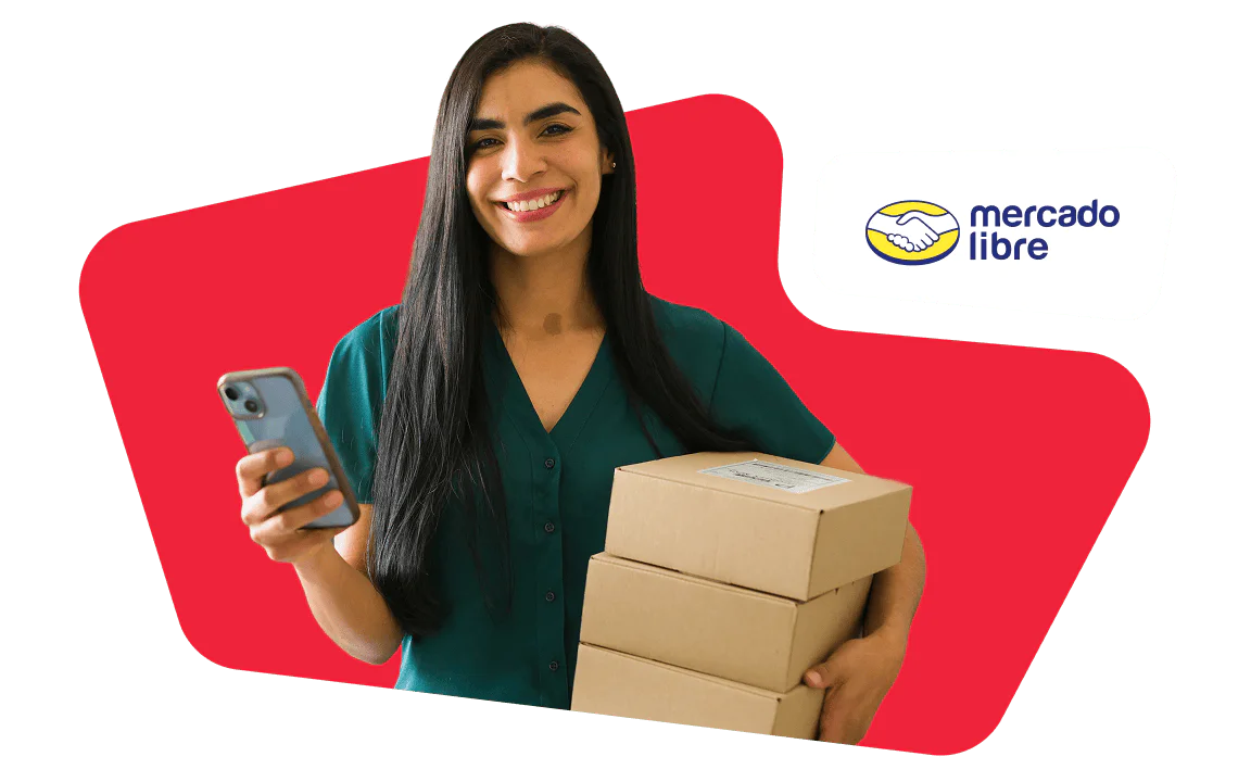 Smiling woman holding three packages and using a phone with Mercado Libre logo in background.