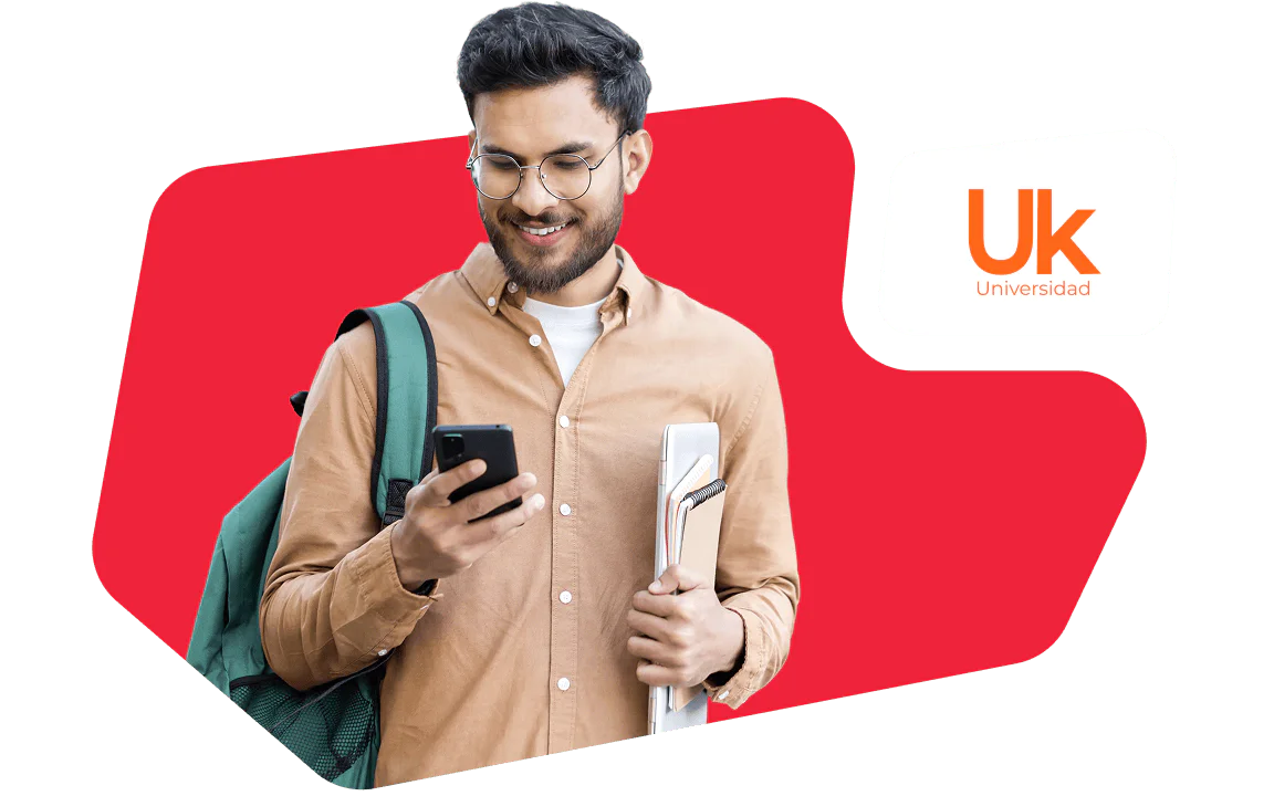 Male student with a backpack, holding books and using his phone, with Universidad logo in the background.