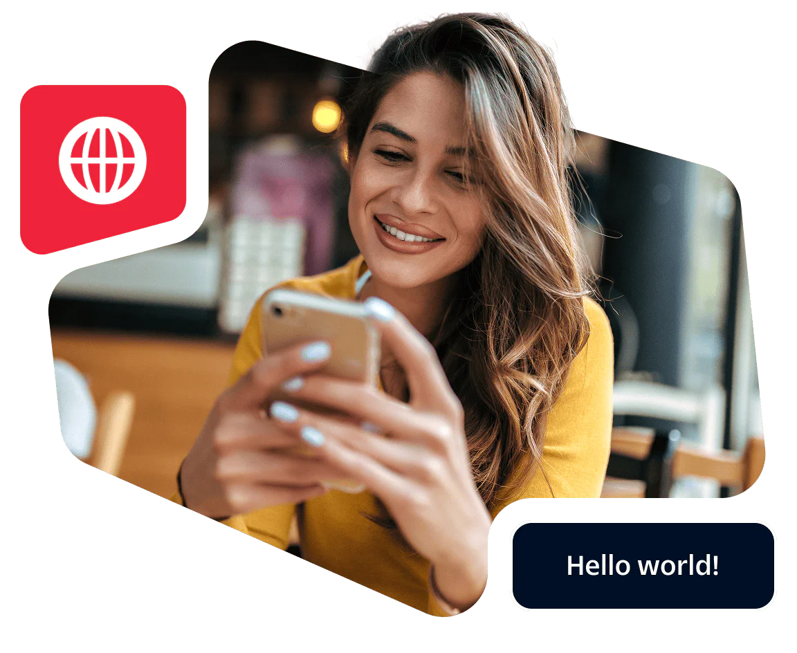 Woman in yellow top looking at her smartphone and smiling, with a Hello world! message.