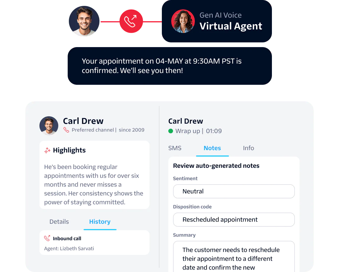 Virtual agent confirms Carl Drew's appointment and displays his highlights and notes from past sessions.