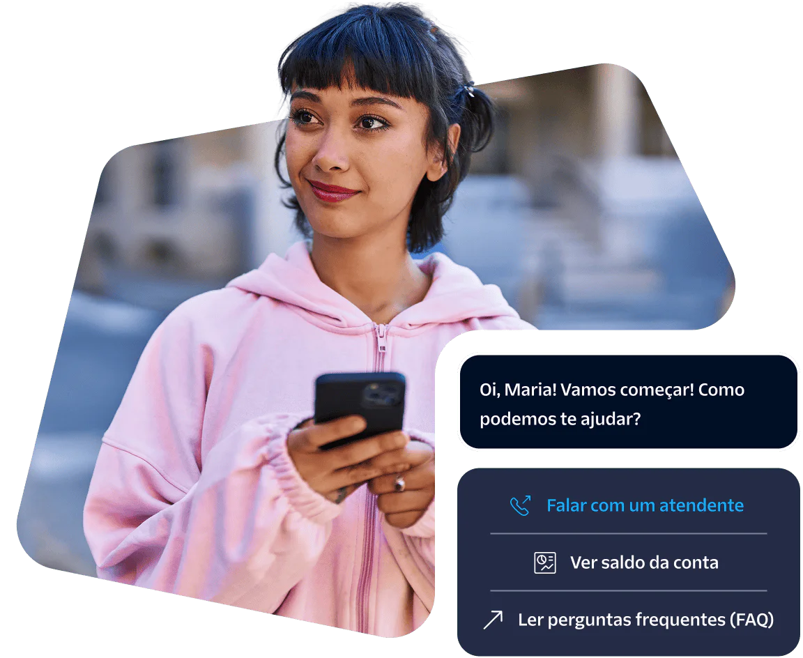 Woman in a pink hoodie holding a phone with chatbot options on screen.
