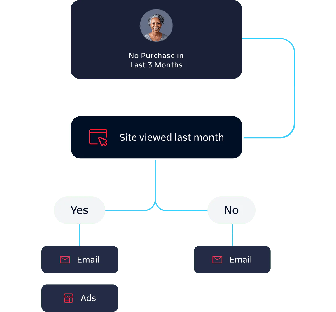 Flowchart showing customer actions based on purchase history and site interaction, leading to email or ads.