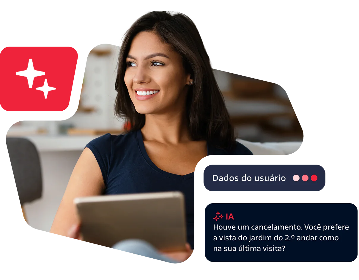 Smiling woman holding a tablet with AI prompt asking about a 2nd-floor garden view.