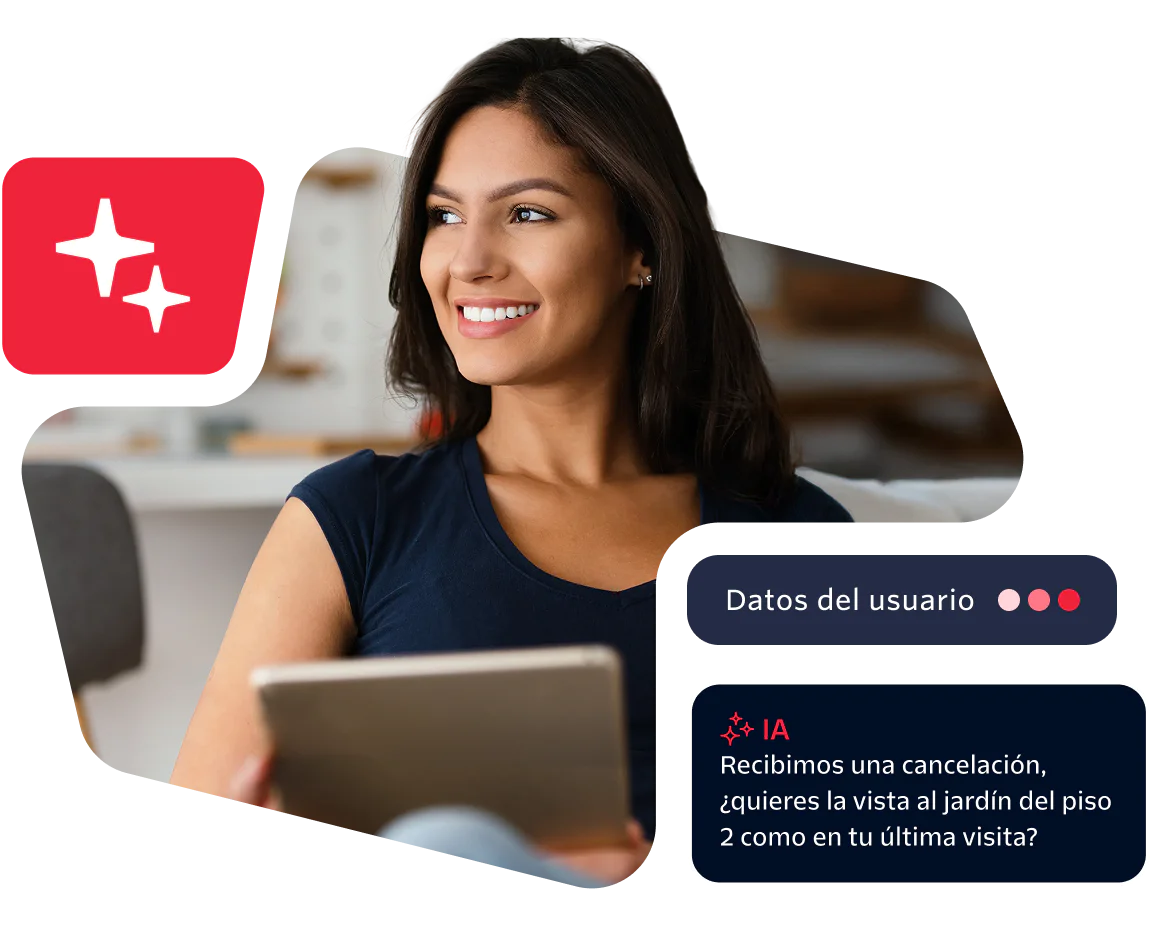 Woman holding a tablet with a smile, AI message asking about garden view displayed