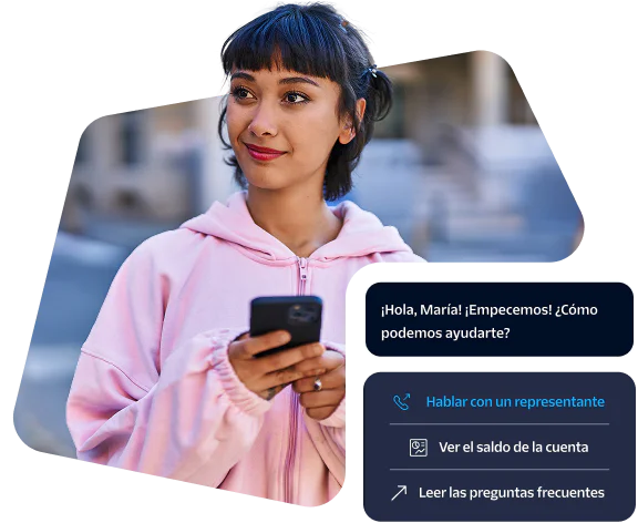 Woman holding smartphone with chatbot interface options shown.