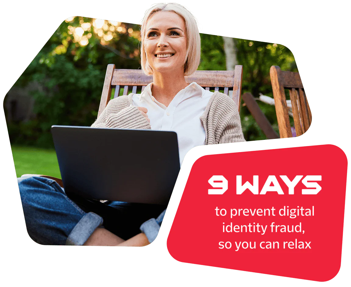 Woman sitting outdoors with a laptop, smiling, with text about preventing digital identity fraud.