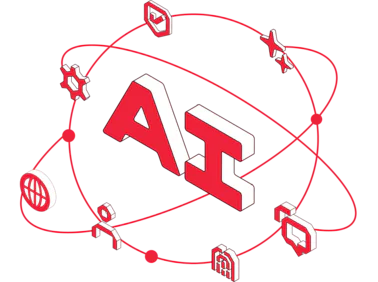 A 3D AI text surrounded by red interconnected network icons on a transparent background.