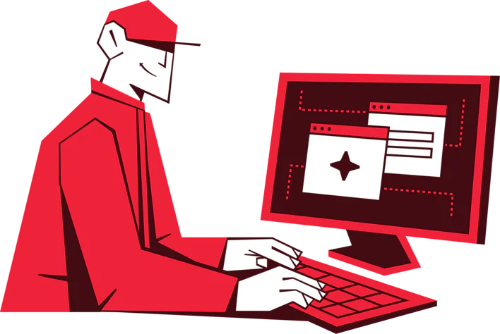 Illustration of a person in a red outfit using a keyboard and looking at a monitor with open webpages.