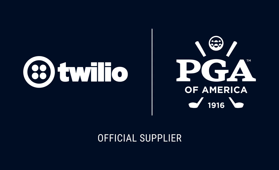 Logos of Twilio and PGA of America with sports-themed graphics on a dark blue background