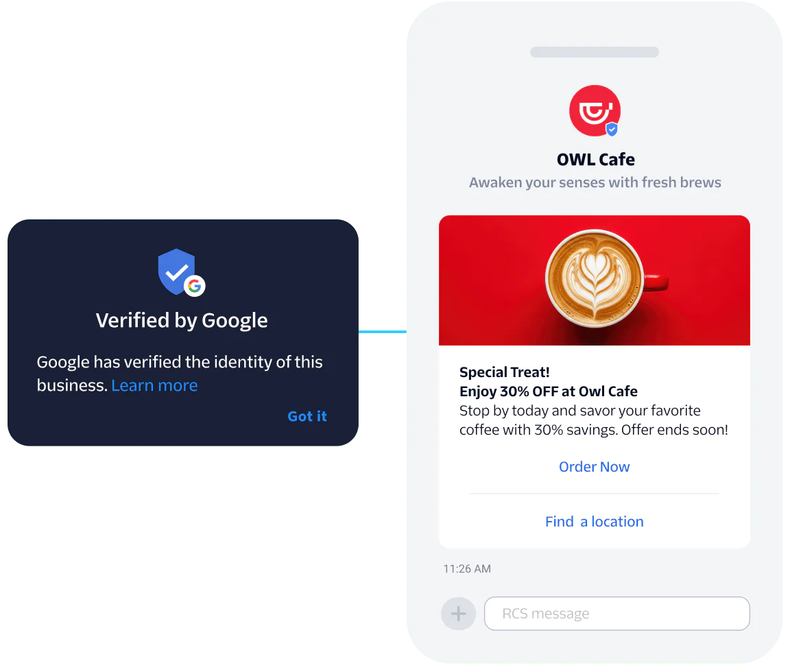Verified by Google badge and a promotional message from Owl Cafe offering 30% off on coffee.