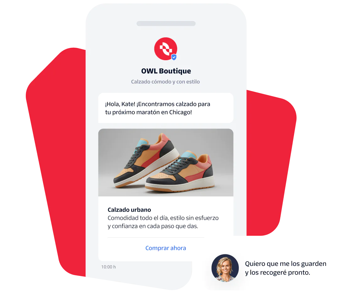 Mobile phone screen displaying a chat with OWL Boutique about Urban Sneakers and a customer reply.