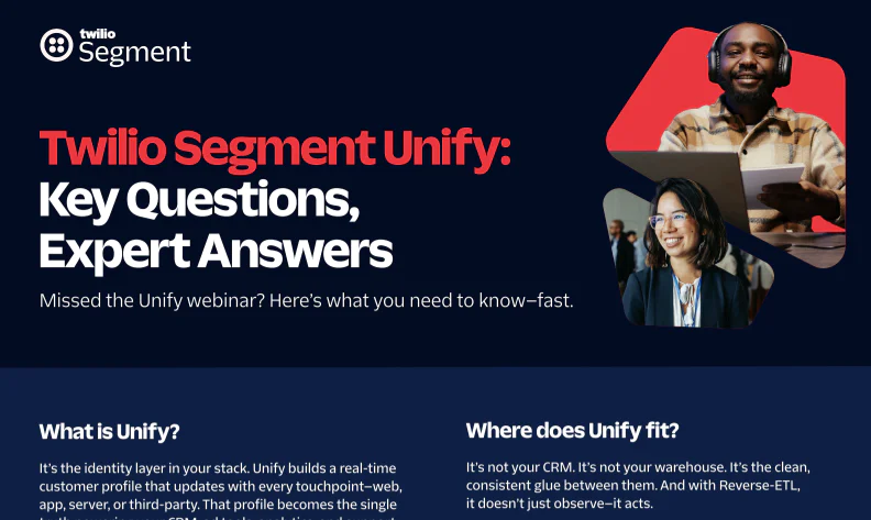 Twilio Segment Unify informational page with key questions and expert answers, featuring images of diverse individuals.
