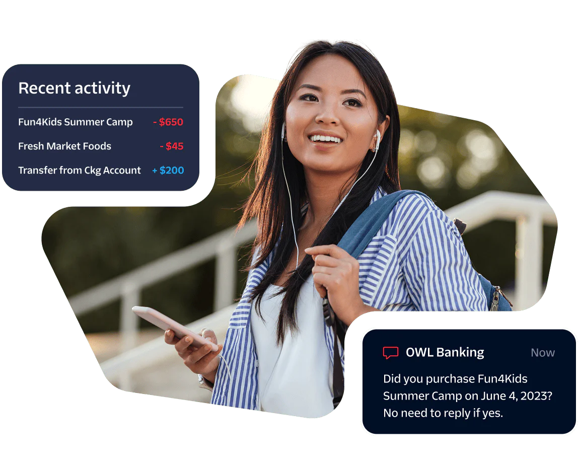 Woman looking up while holding phone with banking notifications displayed.