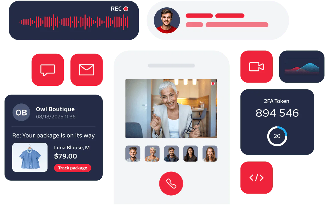Collage of digital dashboard with video calls, messages, shopping, and security token elements.