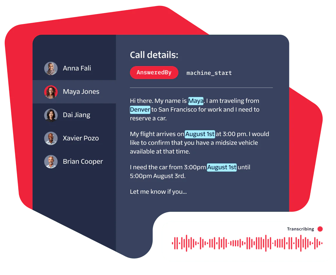 Image shows a call log with customer details, a chat transcription, and transcribing audio waveform.