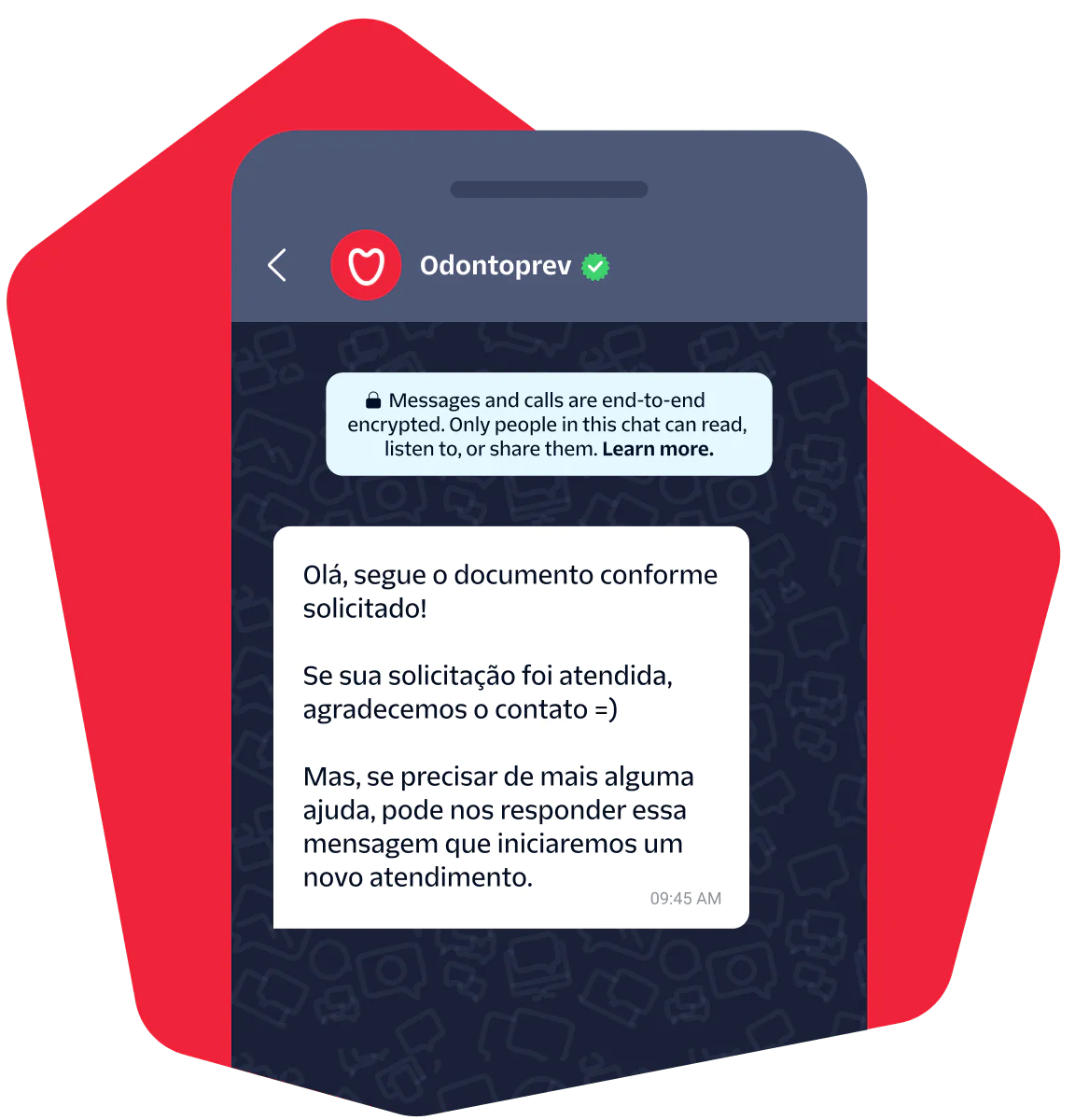 Screenshot of a chat conversation with customer service from Odontoprev displaying encrypted message information.