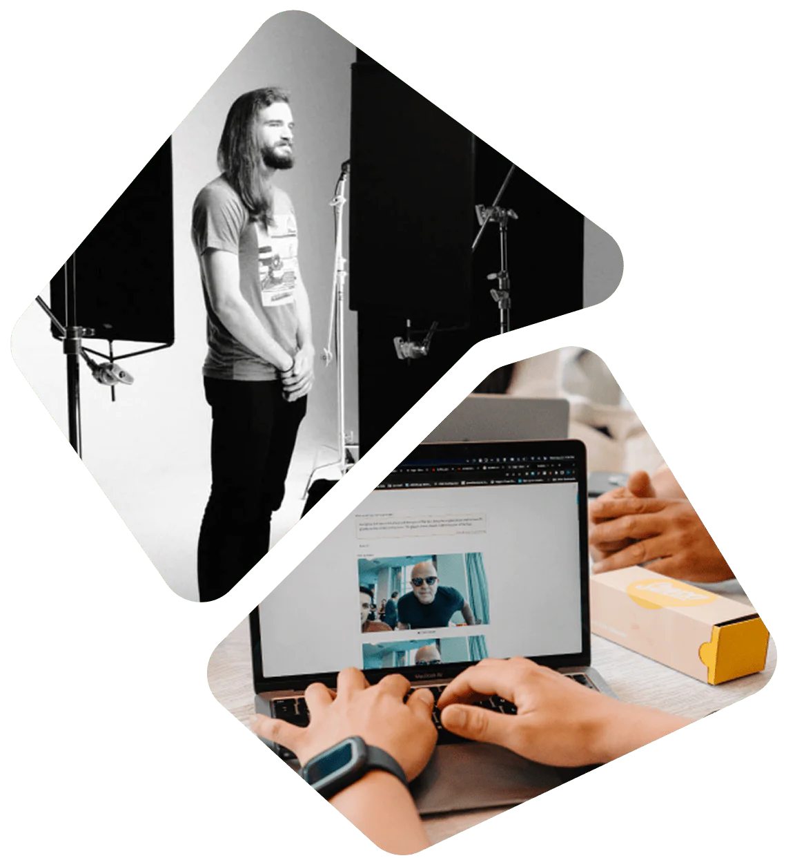 Man standing in studio with lighting equipment and hands typing on a laptop showing video editing.