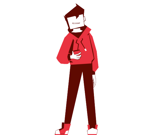 A stylized cartoon character in red attire holding a smartphone, smiling with a confident pose.