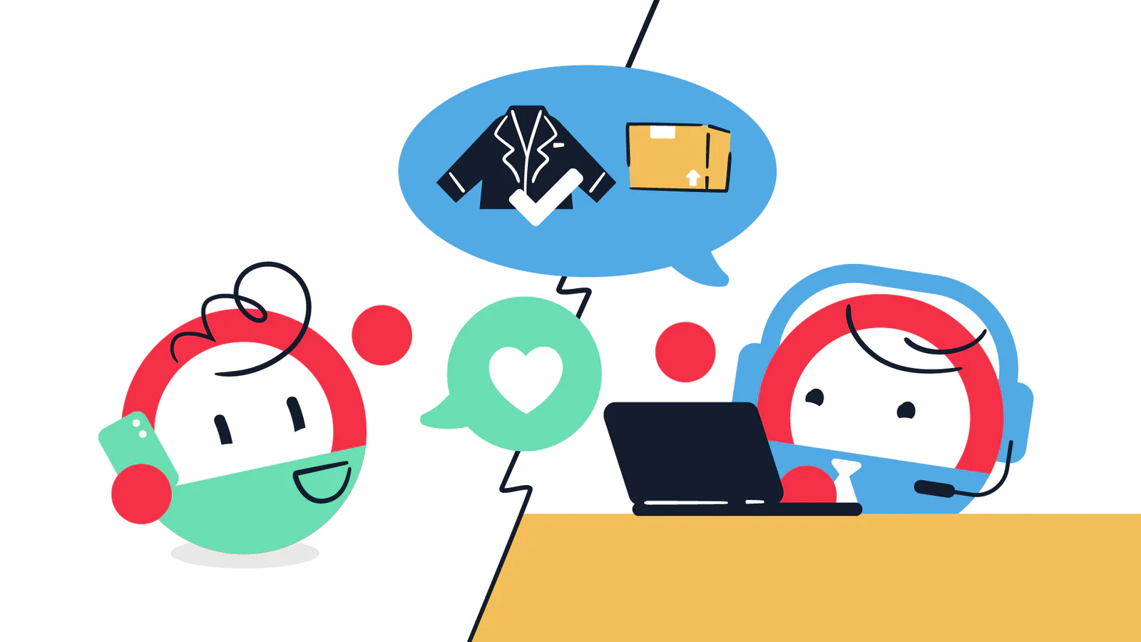 Cartoon of two figures communicating, one with a phone, the other with a laptop, discussing clothing and package.