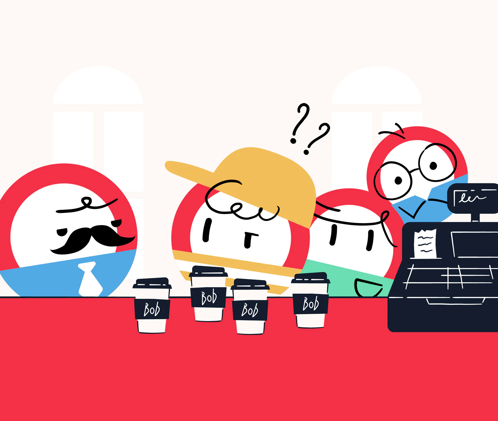 Characters Confused at Coffee Shop Counter Cartoon characters confused over four coffee cups labeled 'Bob' at a coffee shop counter.