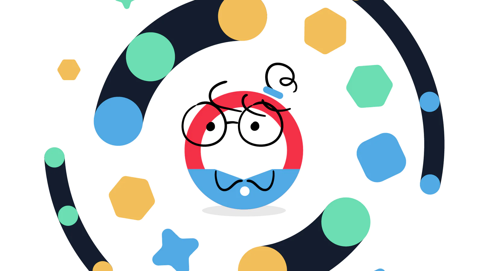 Cartoon character with glasses and bow tie among colorful shapes on a white background