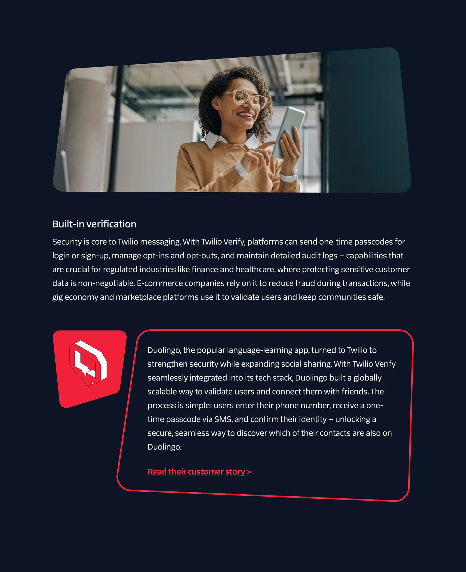Twilio Verify Woman smiling and using smartphone, Twilio verification details, Duolingo customer story highlighted