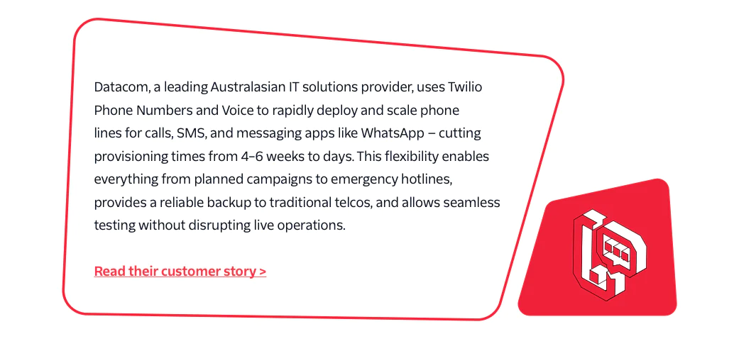 Datacom Uses Twilio for Rapid Deployment of Communication Services Datacom's use of Twilio for quick and scalable phone, SMS, and messaging services.