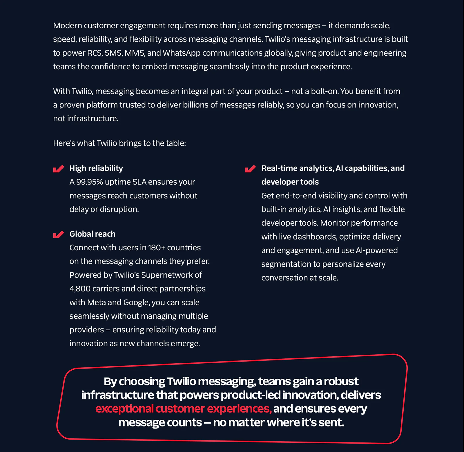 Infographic on the benefits of Twilio messaging, highlighting reliability, global reach, analytics, API capabilities, and developer tools.