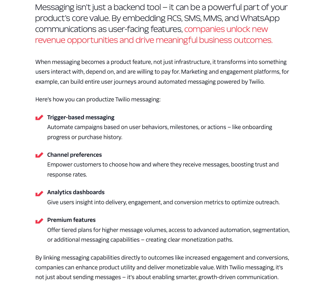 Infographic on Twilio's messaging solutions for business, covering tools like analytics and premium features.