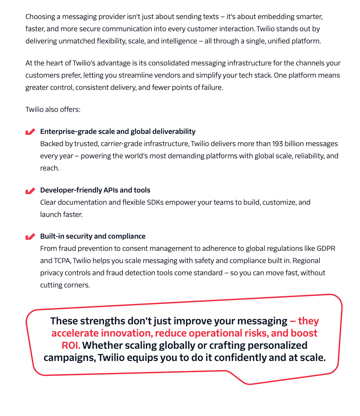 Infographic of Twilio's advantages including global reach, developer tools, and compliance features.
