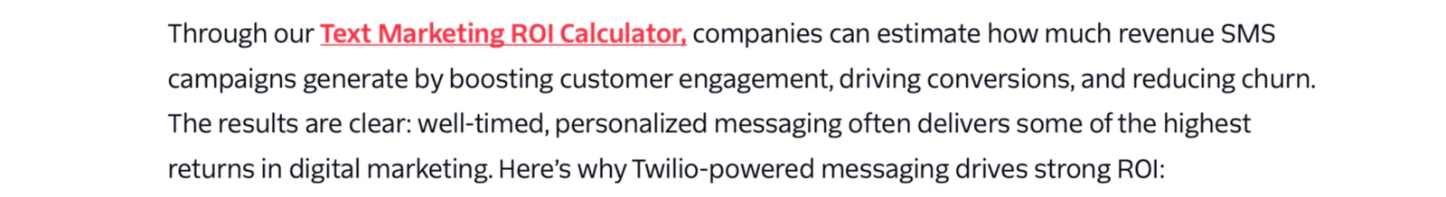 Screenshot explaining how text marketing drives strong ROI through personalized, timely messaging.